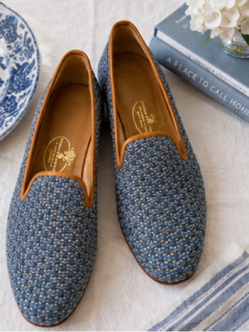 Stubbs Wooten Classic Tapestry Slippers Blue Needlepoint $625 Smoking Loafer 6.5